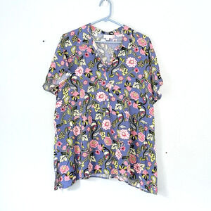 J. Jill Top Large Blue Pink Floral Smocked Tunic Button Up Lagenlook